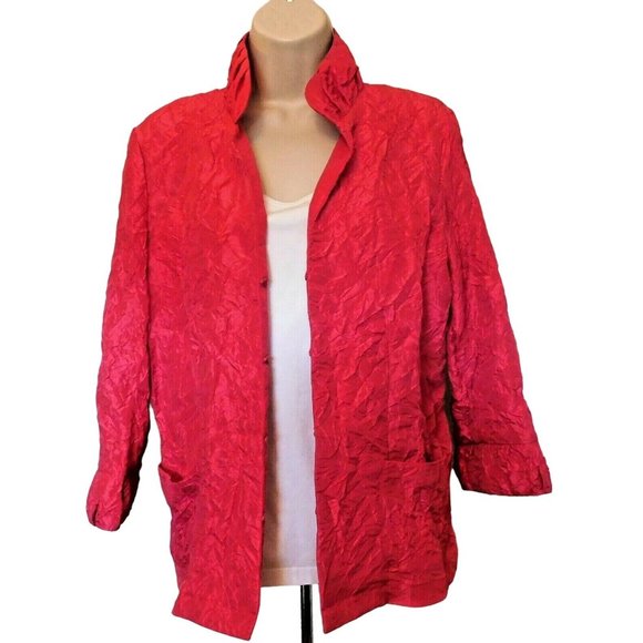 Chico's 2 Jacket 12 L Pink Fuchsia Crinkled Fabric 3/4 Sleeve Polyester Nylon - Picture 6 of 8